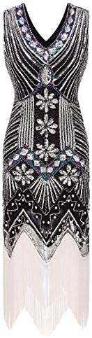 Izacu Flocc Women 1920s Art Deco Sequin Paisley Flapper Tassel Glam Party Dress (XL, 146black)
