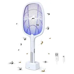 Mosquito Racket Antson Mosquito Killer Racket Rechargeable Handheld Electric Fly Swatter Mosquito Killer Racket Bat with UV Light Lamp Racket USB Charging Base, Electric- Insect Killer (White)