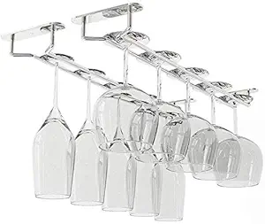 INDIAN DECOR. 312258 14-Inch Wine Glass Rack, Under Cabinet Wine Rack Glass Holder Stainless Steel Chrome Finish -Hanging Stemware Holder for Bar Kitchen (Set of 2)