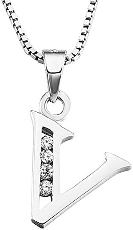 English 26 Alphabet Initial Letter A-Z Necklace Pendant Personalized Gifts for Women Girl 18 Inch Box Chain Fashion Jewellery with Clear Cubic Zirconia (V)