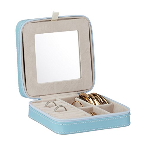Preisvergleich Produktbild Relaxdays Schmuckbox mit Spiegel, Kunstleder Schatulle für Schmuck, Schmuckbox mit Reißverschluss, SAMT, in hellblau