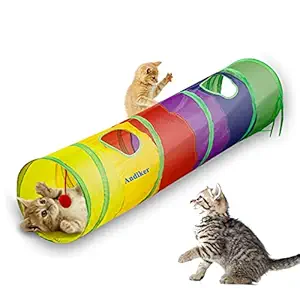 Andiker Cat Tunnel, cat Tunnel pet Tube Collapsible Play Toy Indoor Outdoor Toys for Puzzle Exercising Hiding Training and Running with Fun Ball and 2 Hole (25120cm) (Colorful)