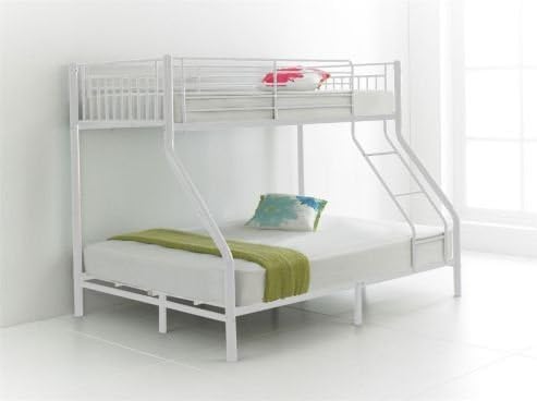 Brand New Triple Sleeper Bunk Bed 3ft Single 4ft6 Double 3 person Bed Wooden stair steps - White Colour
