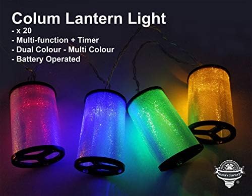FluxTechColum Lantern 20 x Dual Colour LED String Lights by Santa’s Factory – Multi-Function Effect – Timer Function - Battery Operated