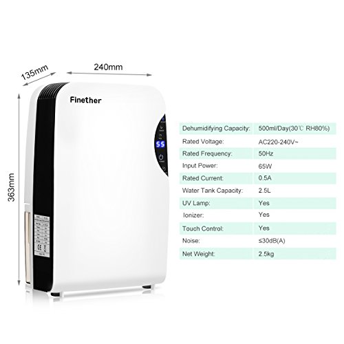 Finether mini Luftentfeuchter 500ml/Tag Anion UV-Licht Raumentfeuchter Luftentfeuchtungsgeräte Lufttrockner Entfeuchter Raumtrockner Raumluftentfeuchter Raumentfeuchtungsgeräte Entfeuchtungsgerät Trocknungsgeräte für Schlafzimmer elektrisch elegantes Design milchweiß schwarz - 3