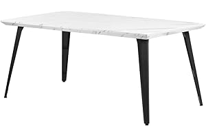 FurnitureR Tavolo da pranzo rettangolare da 150 cm, per 4-6 persone, con piano in legno con stampa marmorizzata e gambe in acciaio metallico, 150 x 80 x 74 cm, bianco marmo