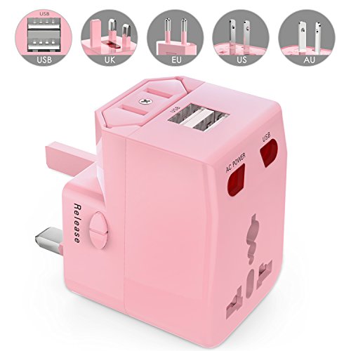 MoKo Universal Reiseadapter – All-in-One US / EU / UK / AU Reisestecker AC Power Wall Charger Konverter Stecker Adapter mit 2 USB Ports 2.1A für Smartphone, iPhone, iPad, MP3 Player, Rosa - 2