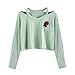 Produktbild Stylische Kurze Damen Pullover CLOOM Rose Stickerei Jumper Sweatshirt Vintage Tops Schicke Bluse V-Ausschnitt Baumwolle Kuschelpullover Baggy Hemd Mädchen UnregelmäßIg Schöne Pullis (S, Grün)