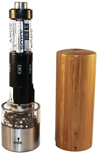 Elektrische Pfeffermühle mit edlem Bambusgehäuse, Keramikmahlwerk und LED Beleuchtung, Gewürzmühle Bambus batteriebetrieben - 2