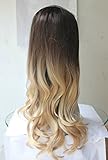 Ladies 3/4 Wig Fall Clip In Hair Piece Extensions Ombre Dip dye (Wavy/curly, Dark brown to sandy blonde)