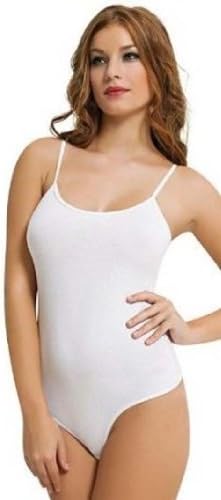NEW WOMEN'S RICH COTTON BLEND THIN STRAP THONG BODYSUITS- Attractive colours (Medium 40 (UK12), White)