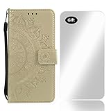 Bear Village Case Galaxy J7 2017, PU Leather Embossed Design Case with Free Tempered Glass Screen Protector, Wallet Flip Stand Cover for Samsung Galaxy J7 2017 (#8 Gold)