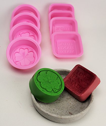 Unitedcovers Set aus 4 runden Kleeblatt Silikonformen in rosa und 4 quadratischen Seifengiessformen mit der Aufschrift “ 100% HANDMADE “ – Versand aus Deutschland - 2