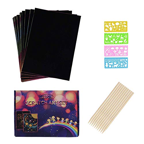 Dessin Gratter pour Enfants,JBSON 30 Feuilles à Gratter Papier Gratter pour Écriture, Jeux, Dessins avec 4 Règles de Gabarit pour Gabarit de Dessin et 10 Stylets en Bois