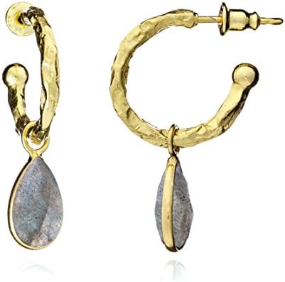 Small Athena Textured hoop earrings with Labrodite charm in 18kt Gold Plating