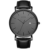 BUREI Stilvolle Minimalistische Ultra Slim Herren Uhr Schwarz Datum Großes Gesicht Armbanduhr mit leaderband