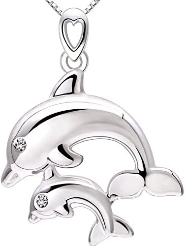 ALOVJewelry Sterling Silver I Will Always Love You Mother and Child Dolphin Cubic Zirconia Pendant Necklace by ALOV Sterling Silver