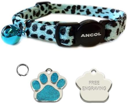 ANCOL Cat Turquoise Leopard Print Quick Release Collar With Engraved Paw Print Shaped Glitter Cat ID Tag