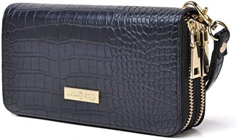Womens Purse RFID Zip Around Large Capacity Clutch Purse Wallet with Wrist Strap(Black Crocodile)