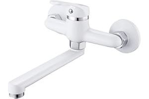 KEYOHOME Robinet De Cuisine Montage Mural avec Rotation à 360 ° Bec Mitigeur Lavabo Distance 15 cm(blanc)
