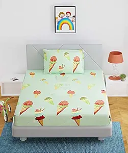 Home Designs Beautiful Printed Bedsheet Soft Glace Cotton Fitted for Kids/Boys-Girls,with (1 Pillow Case) (Single Bed (36*78) with 1 Pillow Case, Green_Ice-Cream)