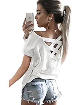 ECOWISH Damen V Ausschnitt Oberteile Kurzarm Bluse Sommer Tops Lose Hemd Shirt