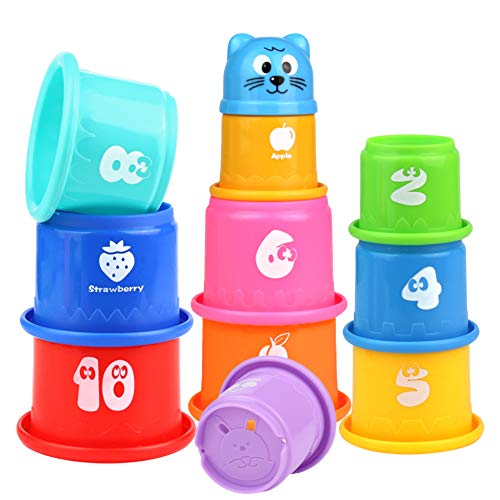 Pilego Juguetes de baño para niños Tazas apilables de Juguete Flotante 10 Tazas Plegables de arcoíris, Juguete Educativo de Agua de Playa para bebés y niños