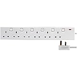 REYTID 6 Socket Individually Switched Compact UK Mains Extension Lead - 1m - White - 6 Way Switch - Power Cable Plugs