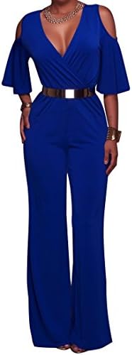 Women's Fashion Deep V-Neck Off Shoulder Wide Leg Long Pants Jumpsuit Sexy Party Cocktail Jumpsuit Playsuit with Belt (M, Blue)