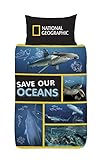 National Geographic Housse de Couette Enfant 200x200 ou 140x200 Save Our Oceans (Sauver Les Océans), Parure de Lit Réversible avec Dauphins, Tortues, Requins + Taies d'oreiller (140x200)