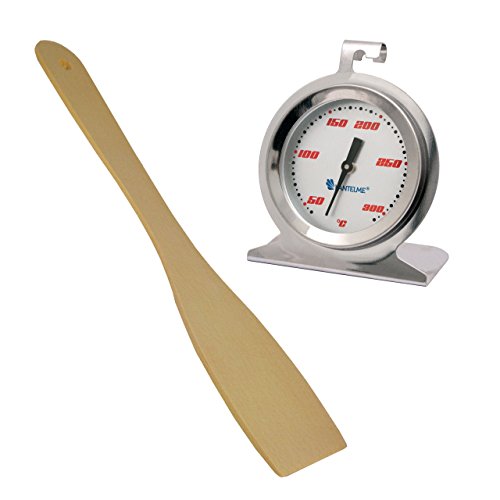 Edelstahl Bimetall Backofen - Ofen Thermometer . Backofenthermometer bis 300 °C Analog mit Holz Pfannen / Fleischwender als Set