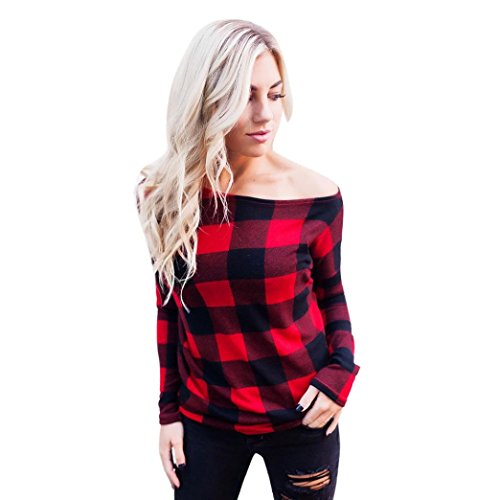 OHQ T-Shirt sans Bretelles à Carreaux Et Col Rond pour Femmes Rouge Gris Cold éPaule Manches Longues Sweatshirt Pull Tops Chemisier Chemise CartonnéE Rigide avec Elastique Lot éPaisse Slim (M, Rouge)