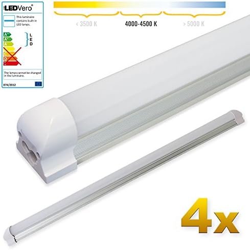 LEDVero 4X SMD LED Tube with Fixture Fluorescent Tube T8 G13 Frosted Cover in Neutral White - (39.37') 100 cm, 16W, 1600 lm - Ready for Assembly