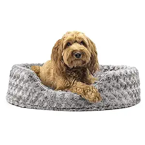 Furhaven Pet Dog Bed - Round Oval Cuddler Ultra Plush Faux Fur Nest Lounger Pet Bed for Dogs and Cats, Gray, Large