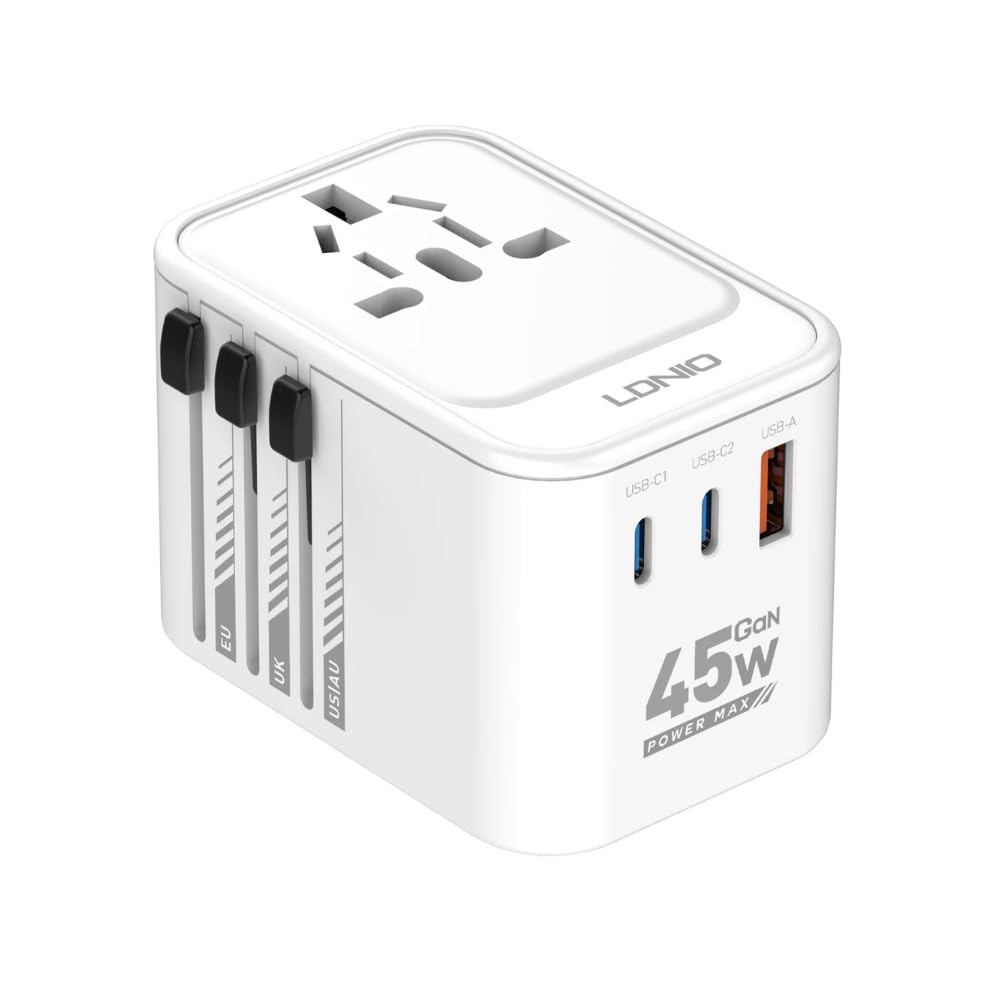 T Teclusive All in One Universal Travel Adapter 45w Gan with Type C USB | International Travel Charger with PD QC Fast Charging USB C | 2000w Worldwide Travel Adapter for US/UK/Europe