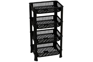 Entisia Multi Layer Storage Rack Stand - Multi Purpose Vegetable Storage Rack, Plastic Space Saving Basket Organizer for Office, Bedroom, Kitchen, Living Room (Black, 4 layer)