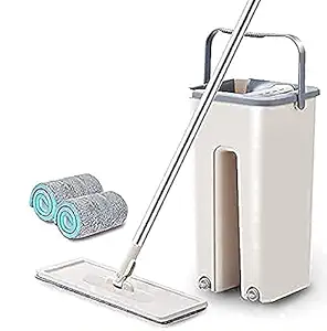 LEMBAR Heavy Quality New Unique Microfiber Slim Scratch Cleaning squeeze Mop with Bucket and 2 Refills Smart Sleek Compact Size Mop, Stainless Steel Handle (WHITEE)