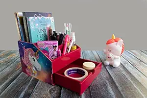 Enigmatic Woodworks Multi Purpose Wooden Desk Organizer with Drawer, Pen Stand, Pencil Stand, Stationery Stand for Office, Kitchen Organizer (Pink Unicorn Galaxy)