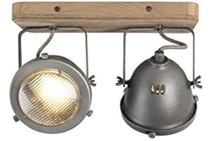 Qazqa Plafón industrial acero madera orientable 2-luces - EMADO/Acero Alargada Adecuado para LED Max. 2 x 25 Watt
