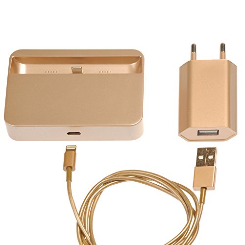 Original iProtect® Super 3 in 1 Set gold Dockingstation Ladestation und USB Datenkabel Ladekabel und Netzteil Adapter für Apple iPhone 5 5s 5c, iPod Touch 5G, iPod Nano 7G - 5