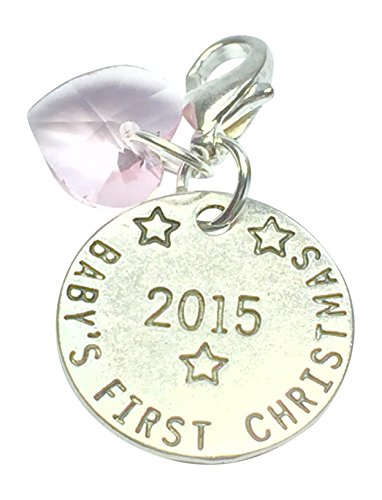 Baby's First Christmas 2015 sign charm with Pink Crystal comes in 3 Different Gift Options Handmade by Libby's Market Place (Organza Gift Bag)