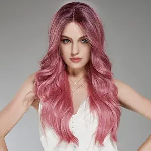 AISI QUEENS Long Pink Wig Curly Wavy Wigs for Women Girls Synthetic Middle Part Wigs Cosplay Party Pastel Wigs Heat Resistant Fibre