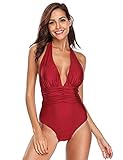 W YOU DI AN£15,59 - £25.99 Morning Damen Badeanzug V-Ausschnitt Einteiler Neckholder Badeanzug Gr. 38/40 DE M, Schwarz