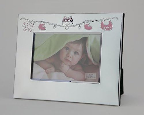 Elegant Baby Pink Enamel 6x4 Picture Frame with Cute Pink Owl &amp; Bib Decoration. Ideal gift for new parents/ grandparents or to decorate a Nursery. Baby frame, children’s frame.