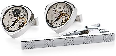 Vkatech Steampunk Mens Vintage Watch Movement Cufflinks Tie Clips with Elegant Storage Display Box