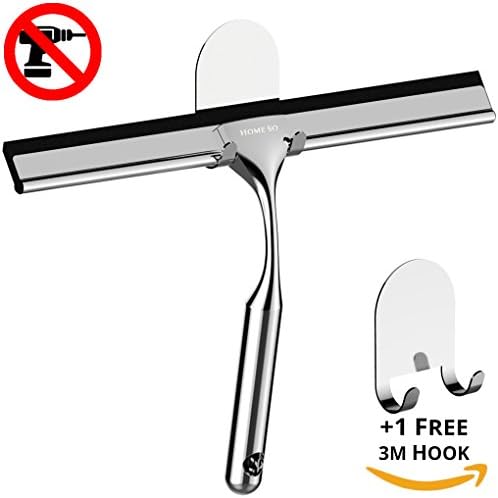 HOME SO Shower Squeegee with 3M Adhesive Holder + 1 FREE Hook - Deluxe Stainless Steel Wiper for Bathroom Mirror Glass Tiles
