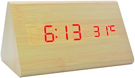 GANGHENGYU Wooden Alarm Clock LED Digital Dual Screen Display Time Temperature Desktop Mute Home Bedroom Electronic Travel Clock for kids (Bamboo Wood Red Light)