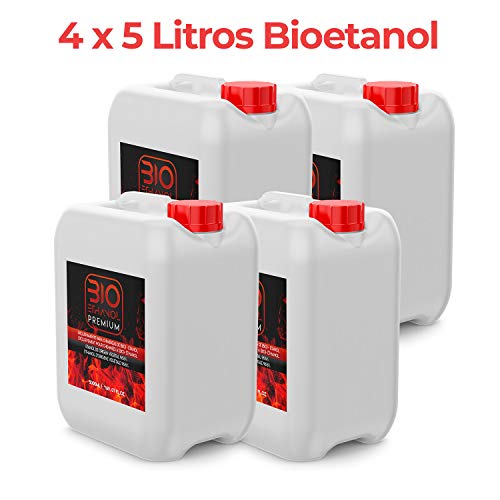4 x 5 Litros Bioetanol Premium Transparente para chimeneas - 20 Litros Combustión de alta calidad no humos origen Vegetal