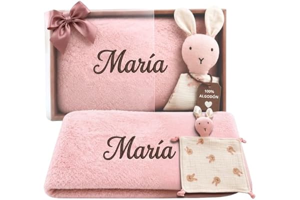 Dalvitas Manta Bebé Personalizada Bordada con Nombre + Doudou 100% Algodón - Pack Regalo Recién Nacido Niño Niña - Set Canastilla Extrasuave y Ligera para Entretiempo