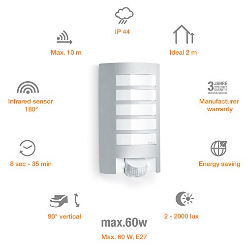Steinel Sensor-Außenleuchte L 12, Design-Wandleuchte mit 180° Bewegungssensor und 10 m Reichweite, wetterfeste Alu-Blende, E 27 Fassung, Max. 60 Watt, 657918 - 5